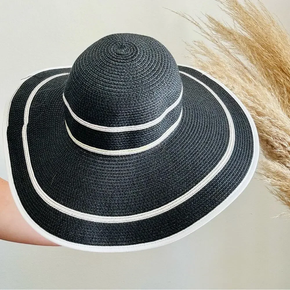 VINTAGE NORDSTROM Cream Tan Straw Wide Brim Floppy Black Stripe Wide Sun Hat - Picture 2 of 10